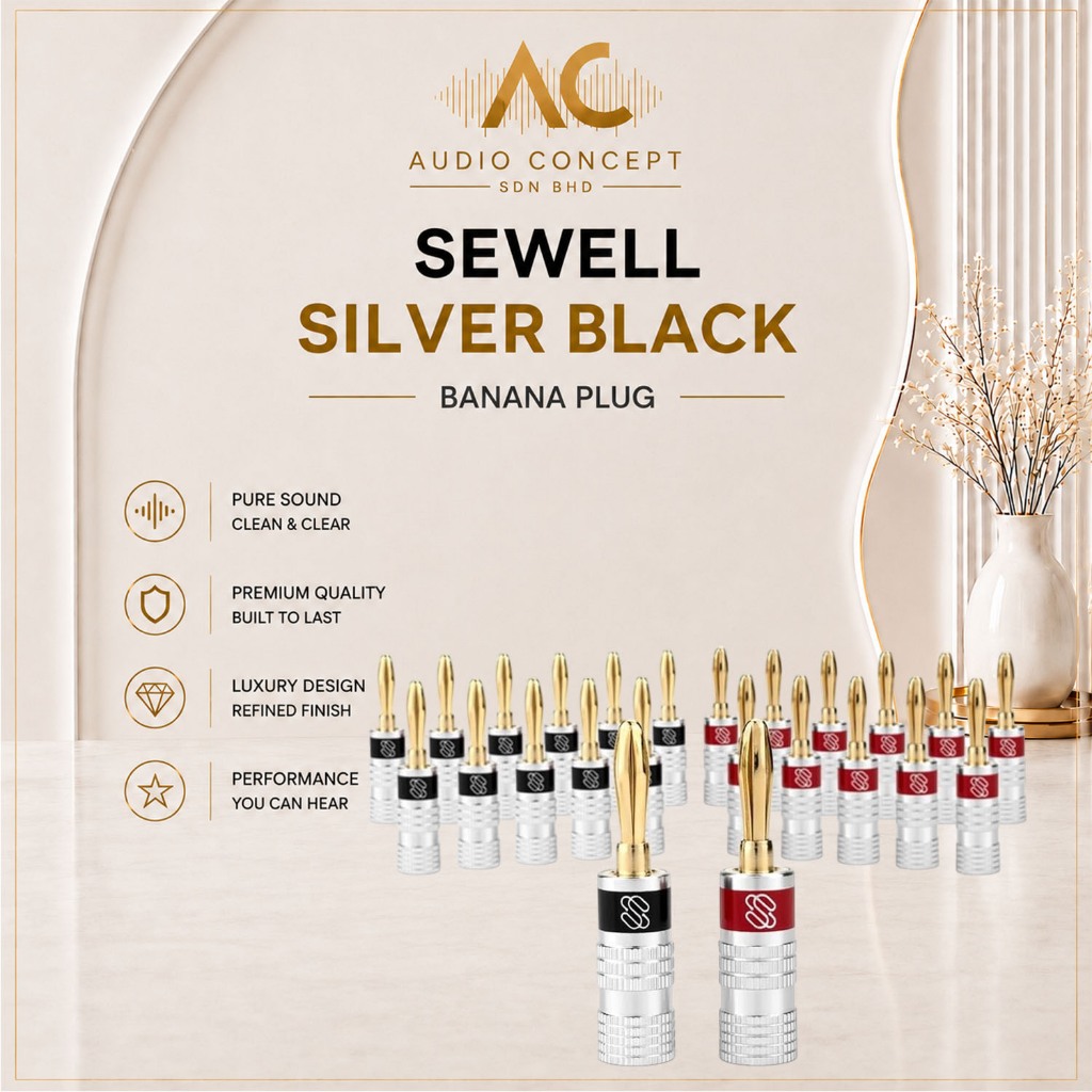 Sewell Silverback Banana Plugs for Speaker Wire-4mm Connectors (Up to 10 AWG)