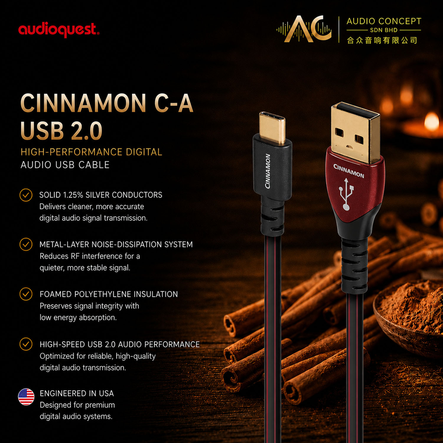 Audioquest Cinnamon C-A (USB2.0)High-Definition Audio Cable-1.5M