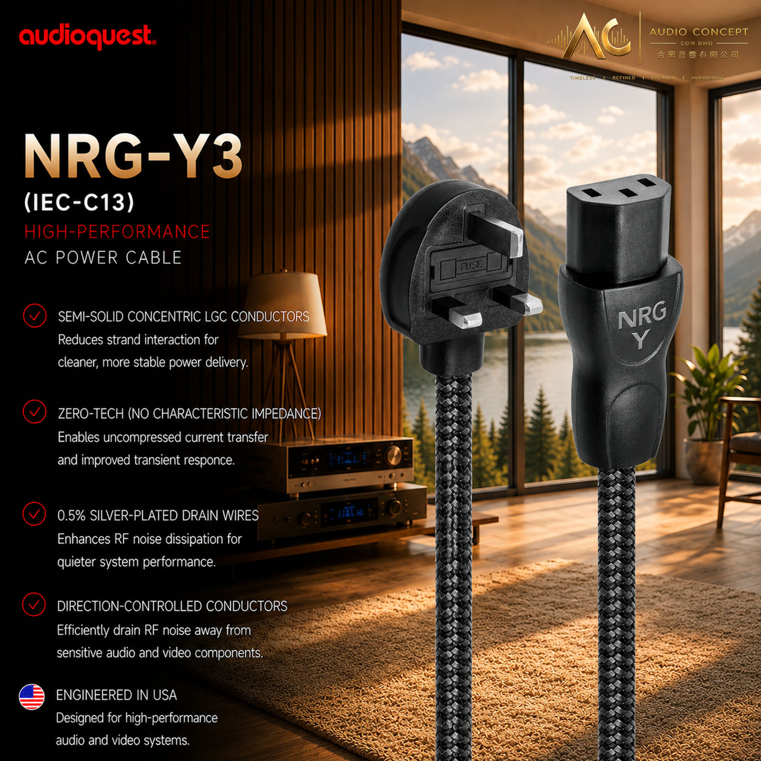 AudioQuest NRG-Y3 UK-C13 Ac Power Cable -2.0Meter