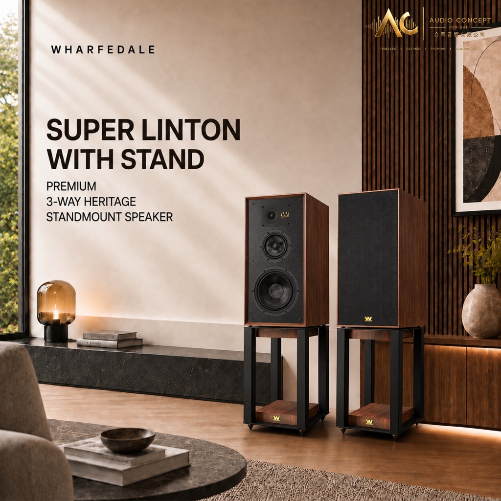 Wharfedale Super Linton + Stand Premium 3-Way Heritage Standmount Speaker
