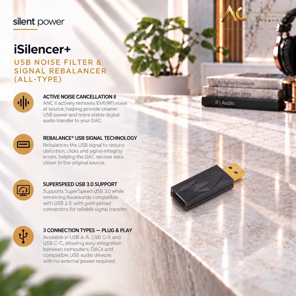Silent Power iSilencer+ Usb Noise Filter & Signal Rebalancer -All-Type (USB A-A)/(USB C-A)/(USB C-C)