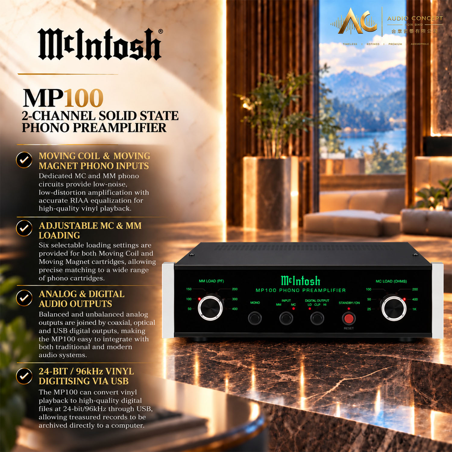 Mcintosh MP 100 2-Channel Solid State Phono Preamplifier - Image 3
